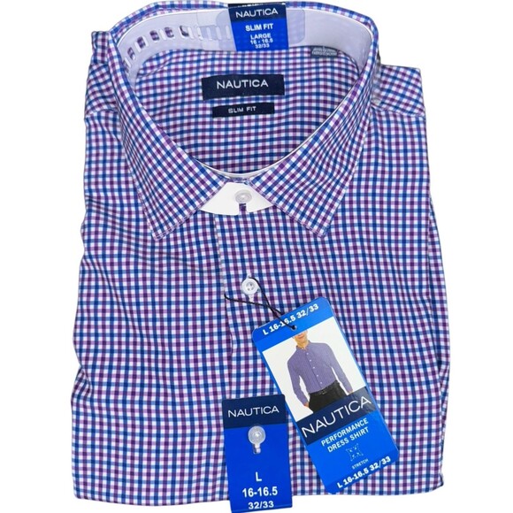 Nautica Mens Large 16-16.5 32/33 Purple Performance Slim Fit Dress Button Shirt - Picture 1 of 9